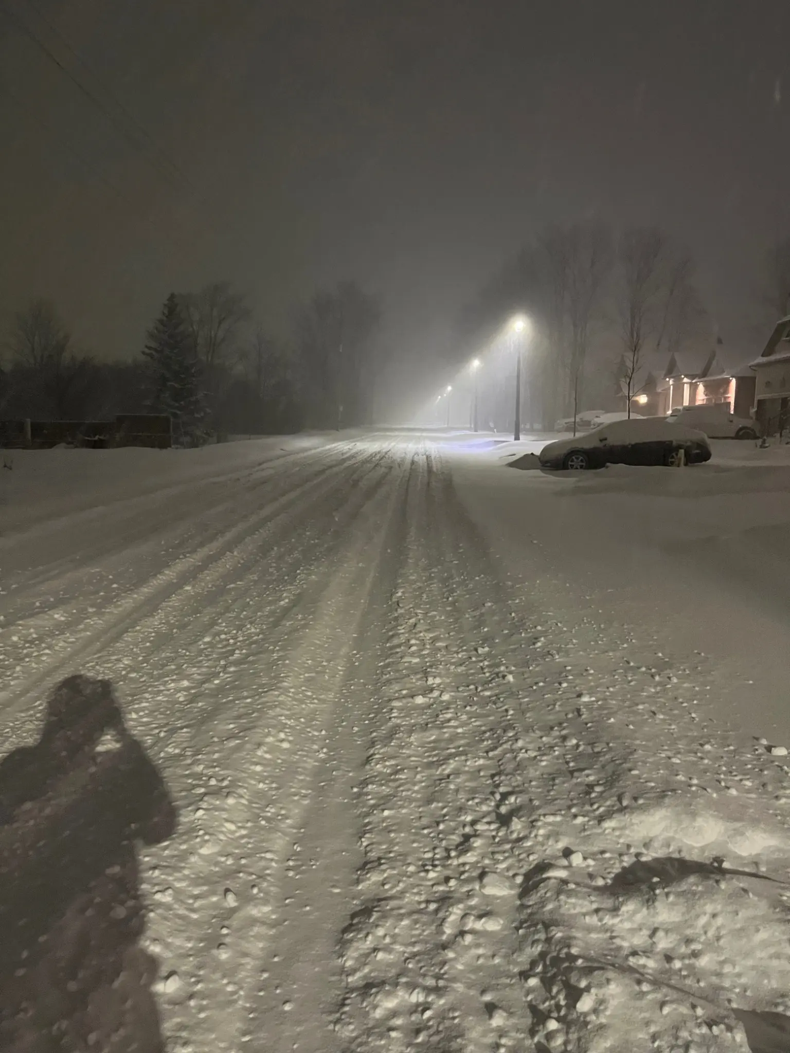 A quiet Millbrook residential street during an evening snowfall